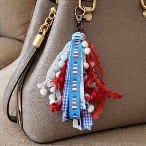 Lighthouse Ribbon Bag Tassel charm, boho Hippie charm, Clip on Bag, backpack